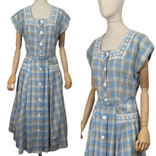 Load image into Gallery viewer, Original 1950&#39;s Blue, Brown and White Embroidered Check Belted Dress - Bust 36 38

