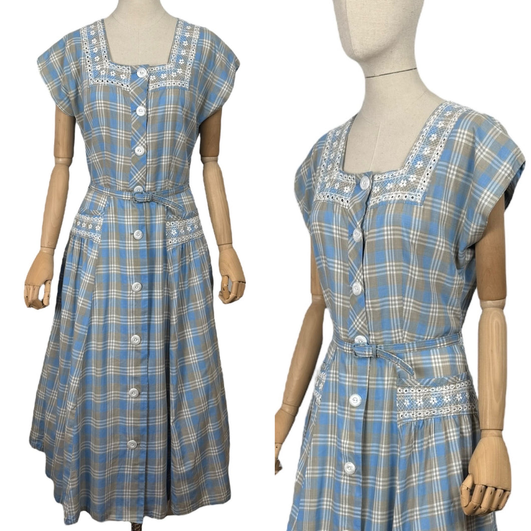 Original 1950's Blue, Brown and White Embroidered Check Belted Dress - Bust 36 38