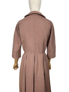 Original 1950’s Stylish Warm Brown Slub Linen Day Dress - Bust 36 *