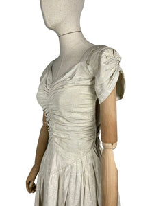Original 1930's Ivory Grosgrain and Metallic Gold Thread Full Length Evening Dress with Ruching - Bust 32" *
