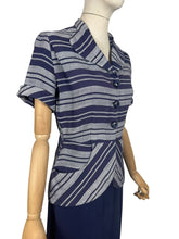 Load image into Gallery viewer, Original 1940's Navy Blue and Grey Linen Stripe Day Dress - Bust 36
