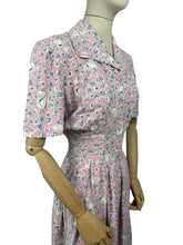 Load image into Gallery viewer, Original Late 1940&#39;s or Early 1950&#39;s Classic Floral Cotton Day Dress in Pink, White, Grey and Blue Floral - Bust 38
