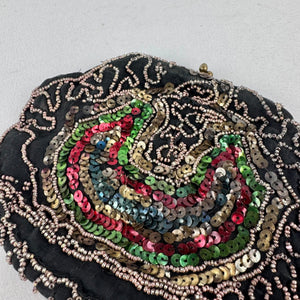 Original 1930's Black Evening Bag with Bead and Sequin Decoration in Red, Green, Gold and Blue