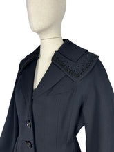 Load image into Gallery viewer, Original 1950&#39;s Petite Length Black Wool Princess Coat with Beaded Shawl Collar - Bust 38
