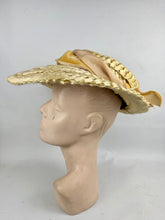 Load image into Gallery viewer, Original Late 1940's or Early 1950's Walter Florell Raffia Hat in Yellow with Velvet Ribbon Trim *
