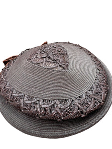 Original 1940's Dark Brown Lacquered Straw Hat with Wide Velvet Bow Trim