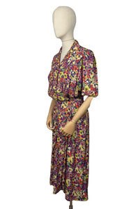 Original 1930's Volup Betty Barley Floral Silk Dress in Rust, Purple, Green and Cream - Bust 40