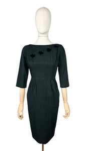 Original 1950's Black Slub Cotton Wiggle Dress by Pat Hartly - Bust 30 32