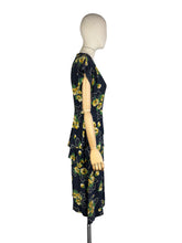 Load image into Gallery viewer, Original 1940's Navy Day Dress with Double Peplum and Floral Print in Green and Yellow - Bust 34 35
