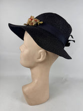 Load image into Gallery viewer, Original 1930’s Fine Navy Straw Hat with Pretty Red and White Floral Trim *
