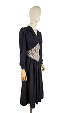 Load image into Gallery viewer, Original Late 1930&#39;s or Early 1940&#39;s Midnight Blue Crepe Day Dress with Long Sleeves and Amazing Soutache Waist Detail - Bust 34 35
