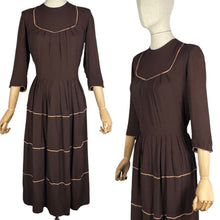 Load image into Gallery viewer, Original 1940’s Chocolate Brown Crepe Dress with Accent Trim - Bust 36
