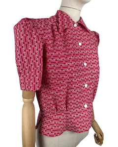 1940's Reproduction Blouse in Red and White Hearts, Flowers and Stripe Novelty Print - Bust Pink, Blue, Yellow and White Feed Sack - Bust 35 36 37