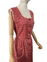 Load image into Gallery viewer, Original 1940&#39;s 1950&#39;s Dark Coral Pink Cotton Chore Dress with Black Print - Bust 37 38
