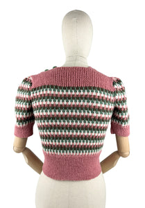 Reproduction 1940’s Hand Knitted Striped Jumper in Pink, White, Green and Brown Alpaca Wool - Bust 33 34 35