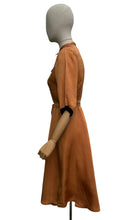 Load image into Gallery viewer, Original 1950's Caramel Coloured Grosgrain Belted Dress with Black Accent Trim - Bust 34 35

