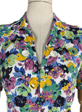 Load image into Gallery viewer, Original 1940's Bold Floral Crepe Day Dress in Pink, Green, Black and Yellow with Mother of Pearl Buttons - Bust 34
