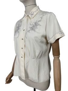 Original 1940's 1950's Cream and Grey Pure Silk Hand Embroidered Blouse - Bust 36 *