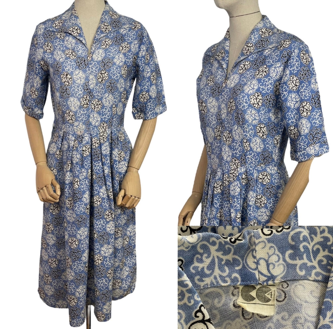 Original 1940's CC41 Heavy Linen Day Dress in Blue, Black and White - Bust 34