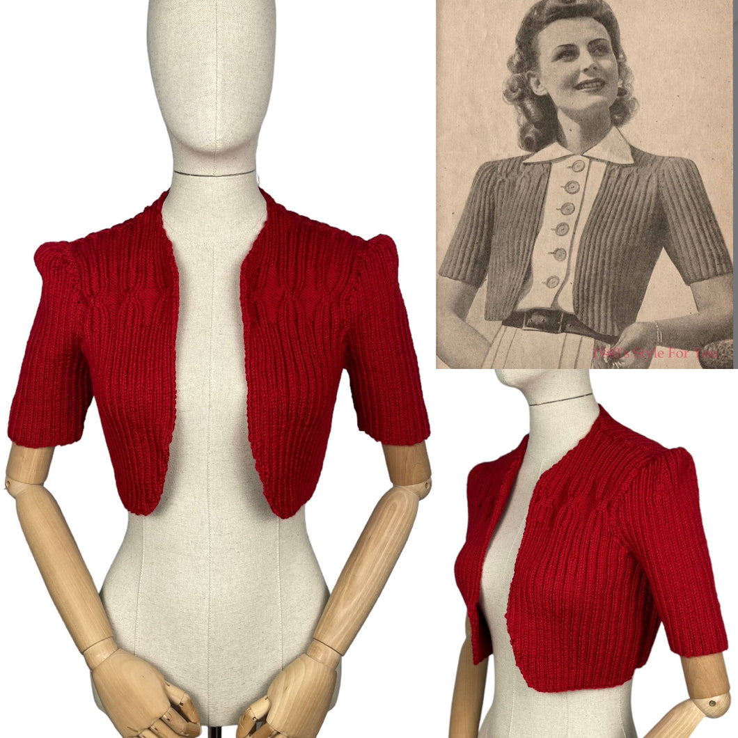 1940's Reproduction Hand Knitted Bolero in Christmas Red - B34 36 38 40 42