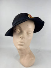 Load image into Gallery viewer, Original 1930’s Fine Navy Straw Hat with Pretty Red and White Floral Trim *
