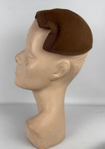 Original 1950's Warm Brown Felt Half Hat with Pleated Grosgrain Trim *