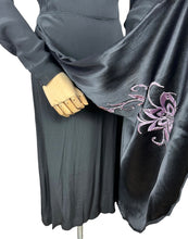 Load image into Gallery viewer, Original 1940&#39;s Black Satin Backed Crepe Long Sleeved Cocktail Dress with Lilac Purple Floral Silk Embroidery - Bust 36 38
