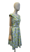 Load image into Gallery viewer, 1950's Style Cotton Day Dress in Chartreuse Green, Black and White Floral Print - Bust 37
