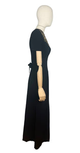 Original 1940’s Black Crepe Evening Dress with Lattice Work Front - Bust 32 34