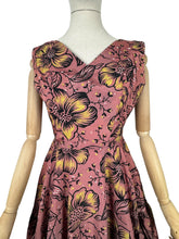 Load image into Gallery viewer, Original 1950&#39;s Salmon Pink Grosgrain Full Circle Day Dress with Bold Floral in Yellow, White and Black Flock - Bust 36
