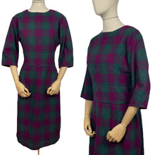 Load image into Gallery viewer, Original 1950’s Plaid Wool Wiggle Dress in Purple, Magenta and Green - Bust 38 40 *
