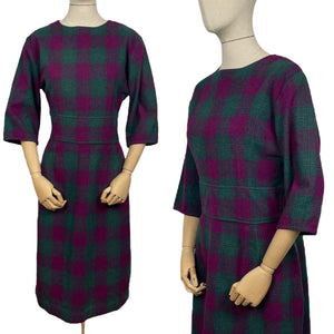 Original 1950’s Plaid Wool Wiggle Dress in Purple, Magenta and Green - Bust 38 40 *