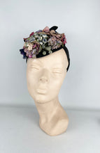Load image into Gallery viewer, Original 1940’s Black Topper Hat with Pastel Flowers in Pink, Purple and Blue and Huge Bow Trim
