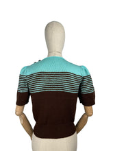 Load image into Gallery viewer, Reproduction 1940&#39;s Striped Jumper in Carob Brown and Turquoise Blue Pure Wool with Full Puff Sleeves - Bust 36 38
