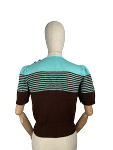 Reproduction 1940's Striped Jumper in Carob Brown and Turquoise Blue Pure Wool with Full Puff Sleeves - Bust 36 38