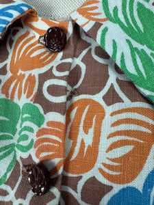 1940's Reproduction Novelty Print Blouse with Skeins of Wool in Orange, Blue and Green on a Brown and White Base Made From an Original 1940's Feed Sack - Bust 32 34
