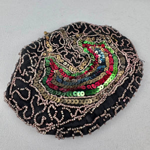 Original 1930's Black Evening Bag with Bead and Sequin Decoration in Red, Green, Gold and Blue