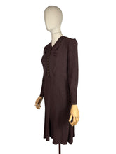 Load image into Gallery viewer, Original 1930's Dark Brown Satin Backed Crinkle Crepe Day Dress with Glass Buttons - Bust 32 34
