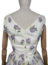 Load image into Gallery viewer, Original 1950&#39;s Cream, Purple and Green Nylon Full Skirted Dress - Bust
