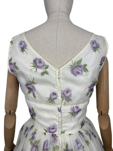 Original 1950's Cream, Purple and Green Nylon Full Skirted Dress - Bust