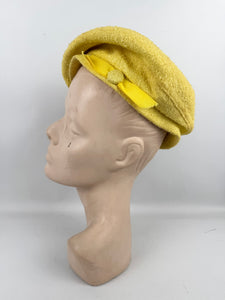 Original 1950's 1960's Bright Yellow Textured Fabric Hat with Button and Grosgrain Trim by Finley New York