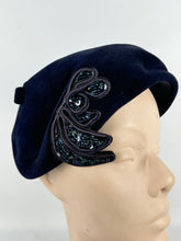 Load image into Gallery viewer, Original 1950&#39;s Dark Blue Fur Felt Hat with Bead and Sequin Trim *
