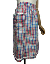 Load image into Gallery viewer, Original 1950&#39;s Red, Green, White and Blue Cotton Apron with Ric Rac Trim and Patch Pocket - Waist 28 *
