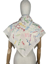 Load image into Gallery viewer, Original 1940&#39;s 1948 Dated White Artificial Silk Scarf with Vibrant Embroidered Signatures
