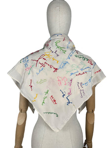 Original 1940's 1948 Dated White Artificial Silk Scarf with Vibrant Embroidered Signatures