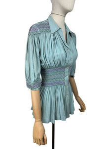 Stunning Original 1930's Blue Cotton Blouse with Heavy Smocking Detail - Bust 36 38