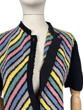 Load image into Gallery viewer, Original 1940&#39;s Black Chevron Stripe Cardigan in Boucle Wool in Yellow, Grey, Blue, Pink and Green - Bust 36 38
