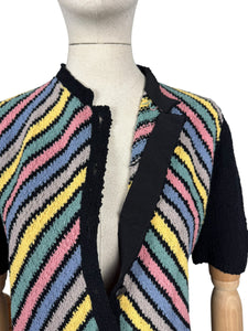 Original 1940's Black Chevron Stripe Cardigan in Boucle Wool in Yellow, Grey, Blue, Pink and Green - Bust 36 38