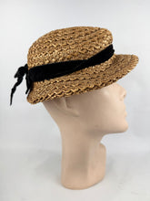 Load image into Gallery viewer, Wounded but Wearable Original 1940's 1950's Natural Straw Sunhat with Soft Black Velvet Ribbon Trim
