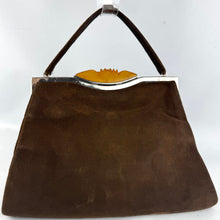 Load image into Gallery viewer, Original 1930's Warm Brown Suede Bag with Amber Coloured Carved Rose Clasp
